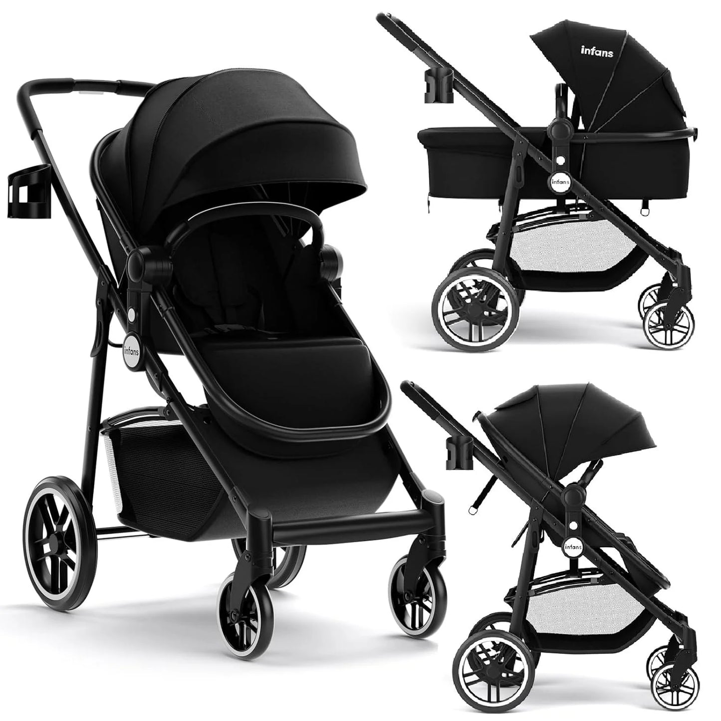 INFANS 2 in 1 Baby Stroller, High Landscape Infant Stroller and Reversible Bassinet Pram, Foldable Pushchair with Adjustable Canopy, Cup Holder, Storage Basket, Suspension Wheels (Pink)