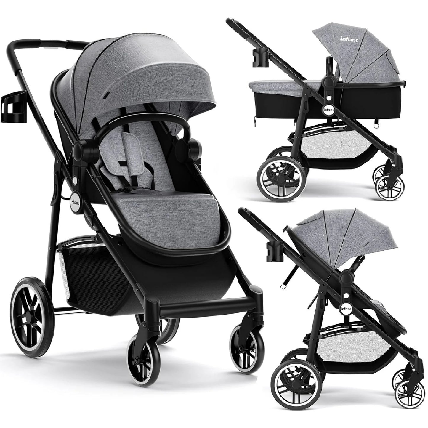 INFANS 2 in 1 Baby Stroller, High Landscape Infant Stroller and Reversible Bassinet Pram, Foldable Pushchair with Adjustable Canopy, Cup Holder, Storage Basket, Suspension Wheels (Pink)
