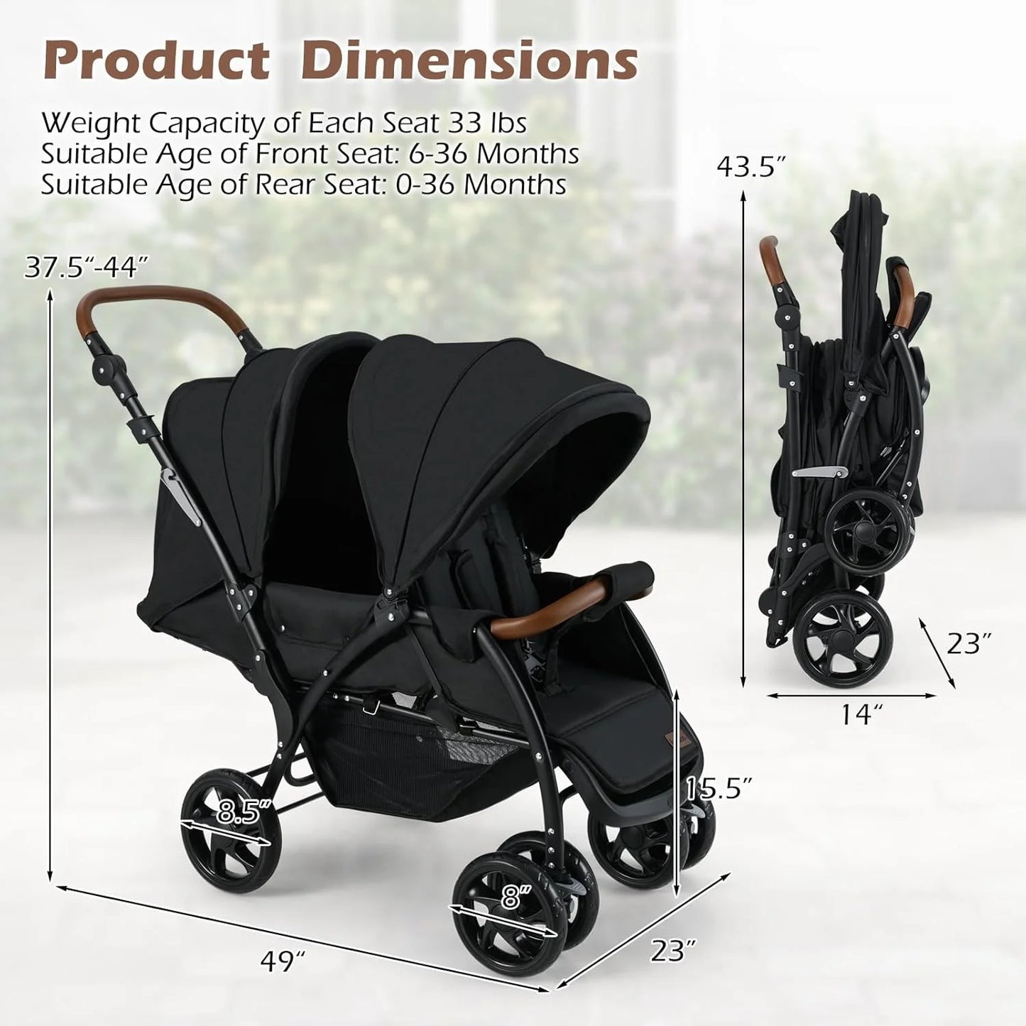 OLAKIDS Double Stroller, Foldable Baby Tandem Stroller with Djustable Backrest Canopy Footrest, 5-Point Harness, Storage Basket, Convertible Compact Lightweight Twin Stroller for Infants and Toddlers