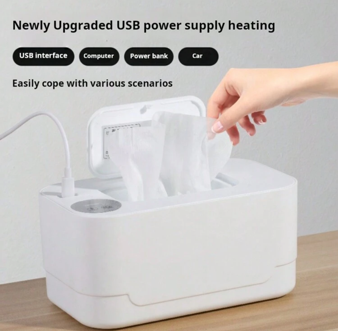 1pc Wet Wipe Warmer, Baby Constant Temperature Wireless Car Charger Portable Heated Wet Tissue Box, USB Power Supply Required. Note: Remove Original Wet Wipe Package Cover Before Placing Wipes Inside Device For Better Heating Effect.