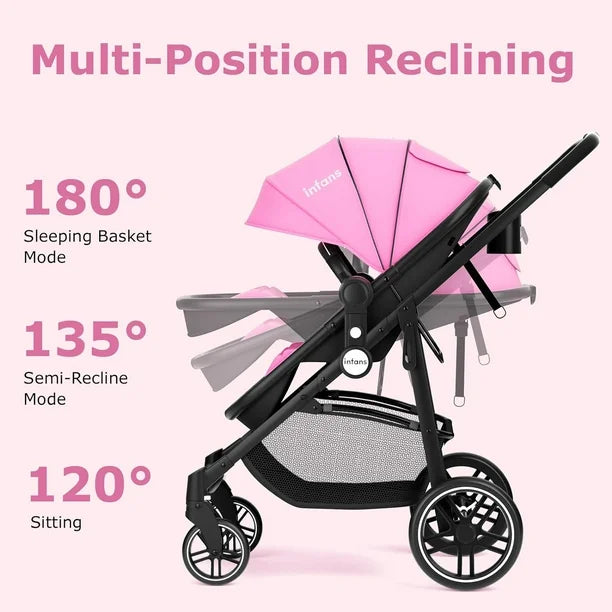 INFANS 2 in 1 Baby Stroller, High Landscape Infant Stroller and Reversible Bassinet Pram, Foldable Pushchair with Adjustable Canopy, Cup Holder, Storage Basket, Suspension Wheels (Pink)