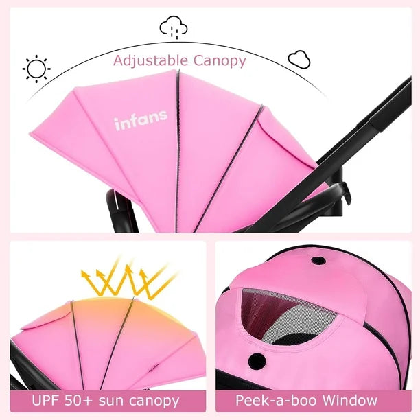 INFANS 2 in 1 Baby Stroller, High Landscape Infant Stroller and Reversible Bassinet Pram, Foldable Pushchair with Adjustable Canopy, Cup Holder, Storage Basket, Suspension Wheels (Pink)