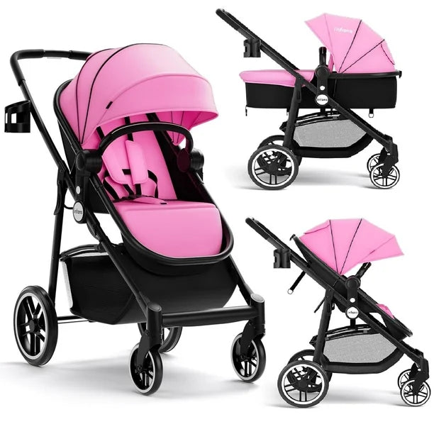 INFANS 2 in 1 Baby Stroller, High Landscape Infant Stroller and Reversible Bassinet Pram, Foldable Pushchair with Adjustable Canopy, Cup Holder, Storage Basket, Suspension Wheels (Pink)