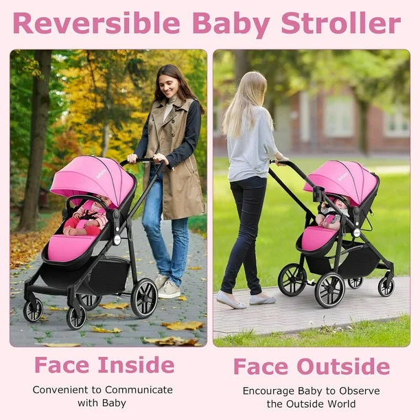 INFANS 2 in 1 Baby Stroller, High Landscape Infant Stroller and Reversible Bassinet Pram, Foldable Pushchair with Adjustable Canopy, Cup Holder, Storage Basket, Suspension Wheels (Pink)