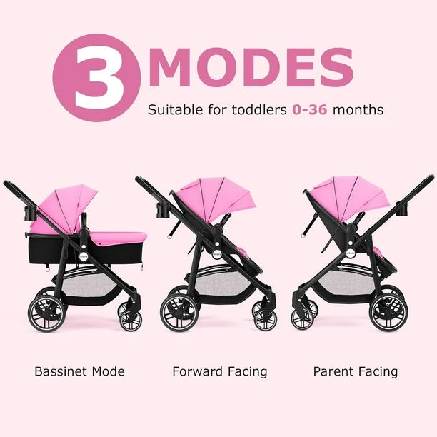 INFANS 2 in 1 Baby Stroller, High Landscape Infant Stroller and Reversible Bassinet Pram, Foldable Pushchair with Adjustable Canopy, Cup Holder, Storage Basket, Suspension Wheels (Pink)