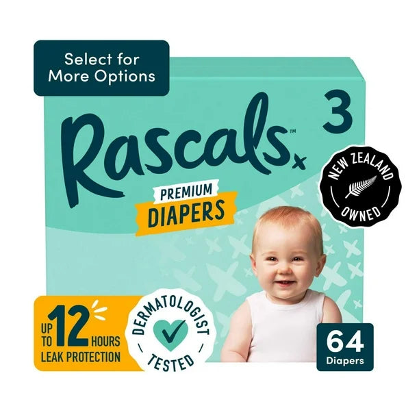 Rascals Premium Diapers, Size N, Carton, 68 Count, Preemie to Size 7