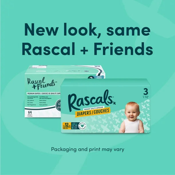 Rascals Premium Diapers, Size N, Carton, 68 Count, Preemie to Size 7