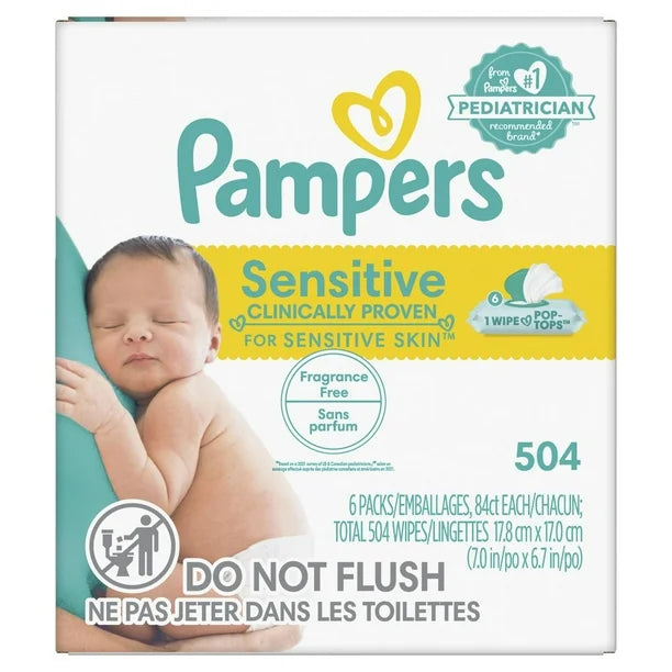 Pampers Baby Wipes Sensitive Perfume Free 6X Pop-Top Packs, 504CT