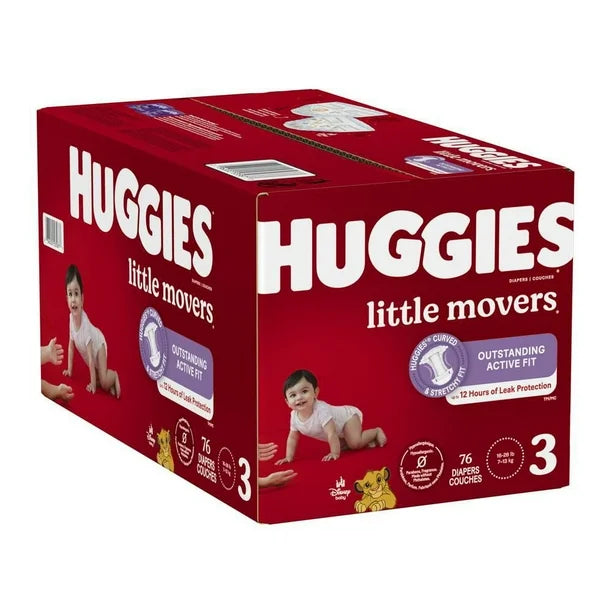 Huggies Little Movers Baby Diapers, Giga pack, Sizes 3, 76 Count, Sizes 3-8 | 76-38 Count