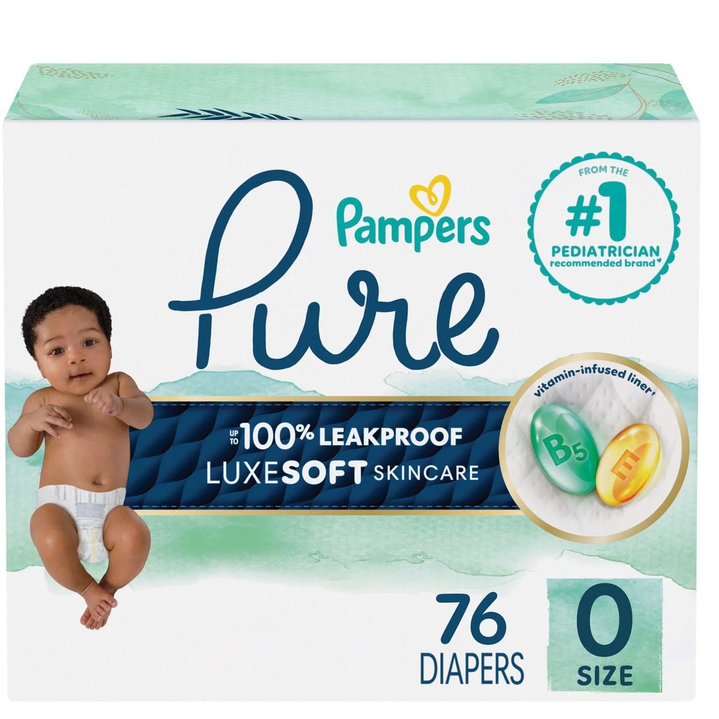 Pampers Pure Baby Diapers, Size1- 5 (27+ lbs), 48, Up to 100% Leakproof, Premium Hypoallergenic Soft Diapers, 48CT