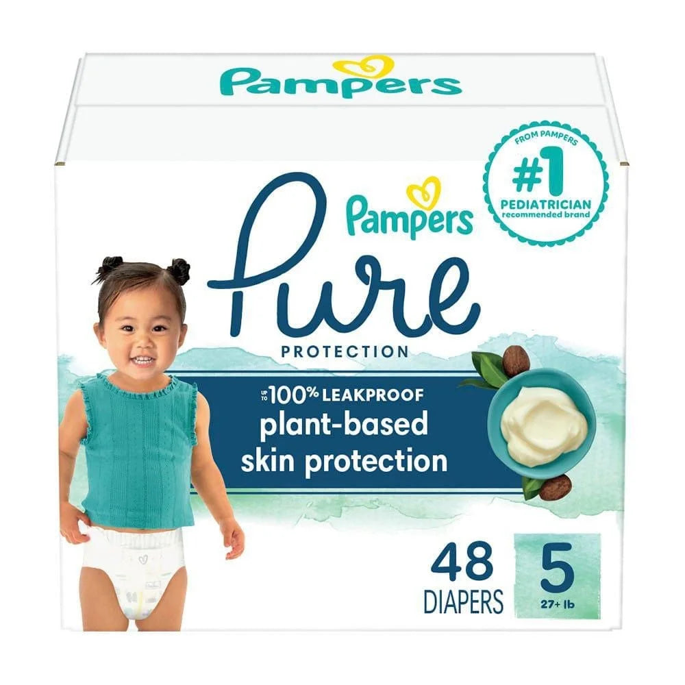 Pampers Pure Baby Diapers, Size1- 5 (27+ lbs), 48, Up to 100% Leakproof, Premium Hypoallergenic Soft Diapers, 48CT