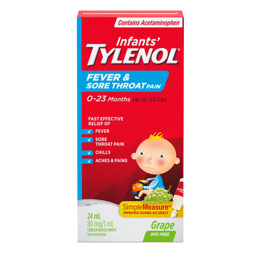 Tylenol Infants Fever & Sore Throat Pain Medicine, Oral suspension drops, Relieves Fever & Sore Throat Pain, Grape flavour, 24 mL