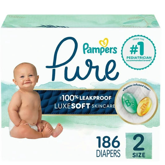 Pampers Pure Baby Diapers, Size 1-6 (8lbs to 35+lbs), Up to 100% Leakproof, Premium Hypoallergenic Soft Diapers