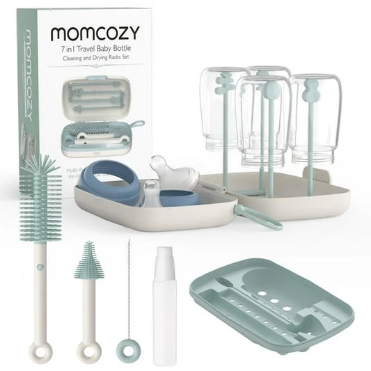 Momcozy Portable Bottle Brush Set - Baby Bottle Cleaner Kit with Silicone Brush Drying Rack - 6 in 1 Bottle Cleaning Tool for Home and Travel 1 Set Green