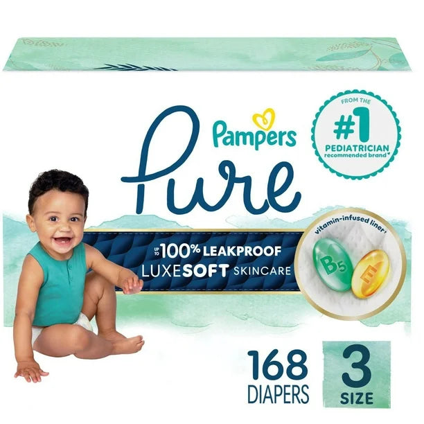 Pampers Pure Baby Diapers, Size 1-6 (8lbs to 35+lbs), Up to 100% Leakproof, Premium Hypoallergenic Soft Diapers