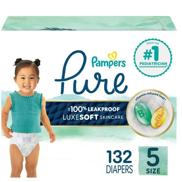 Pampers Pure Baby Diapers, Size 1-6 (8lbs to 35+lbs), Up to 100% Leakproof, Premium Hypoallergenic Soft Diapers