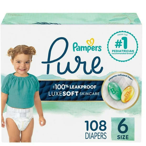 Pampers Pure Baby Diapers, Size 1-6 (8lbs to 35+lbs), Up to 100% Leakproof, Premium Hypoallergenic Soft Diapers